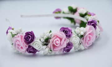 OPASKA różówa wianek komunijny kwiaty fioletowe na głowę na komunije wesele
