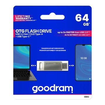 GOODRAM PENDRIVE 64 GB USB 3.2 GEN 1 USB / USB C OTG ODA3 - SREBRNY