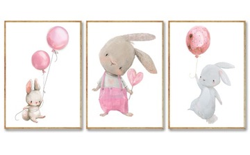 ZESTAW 3 OBRAZKI PLAKATY A4 KRÓLIK BALON RÓŻOWY