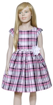 Wizytowa PASTELOWA SUKIENKA Z BLASKIEM KRATKA UROCZYSTOŚCI r 128 8702