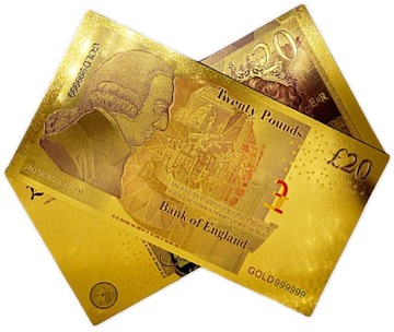 20 FUNTÓW BRYTYJSKICH Królowa Elżbieta II Pozłacany Banknot Kolekcjonerski