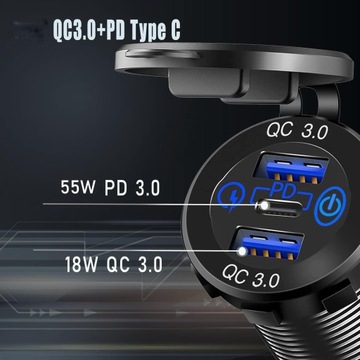 Быстрое автомобильное зарядное устройство 2x QC 3.0 55 Вт PD 18 Вт USB 12 В 24 В