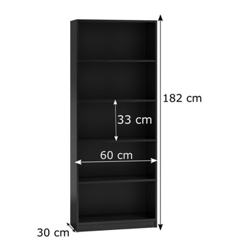 ОФИСНАЯ ПЕРЕПАЛКА ДЛЯ КНИГ ОТКРЫТАЯ 60x182x30 CM, 5x ПОЛКА, ЧЕРНАЯ