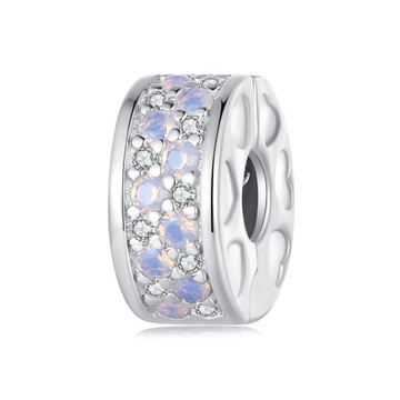 G861 Spinka stoper kryształy przezroczyste i fioletowe srebrny charms