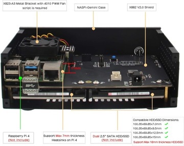 Дисковый массив 2.5 V2.0 с двумя 2,5-дюймовыми жесткими дисками/твердотельными дисками SATA NAS Raspberry Pi 4, модель B