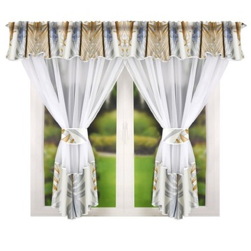Firana gotowa z kwiatowym wzorem na taśmie 400x160cm beżowo szare liście