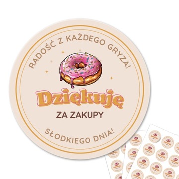 Naklejki cukiernia 'Dziękuję za zakupy' z pączkiem- 4cm - arkusz A4