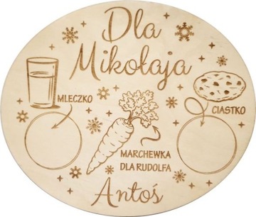 TALERZ DLA MIKOŁAJA DREWNIANY TALERZYK Z IMIENIEM NA MLEKO CIASTKO MARCHEW