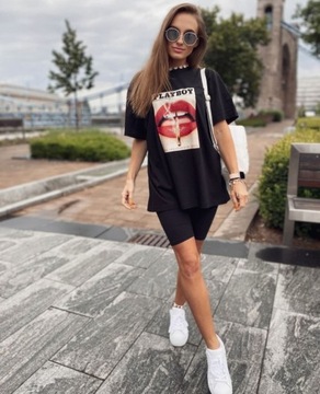 KOSZULKA DAMSKA T-SHIRT SUKIENKA OVERSIZE PLAYBOY AESTHETIC BASIC CZERŃ XS