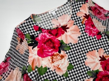Bluzka damska w kratę i kwiaty z szyfonowym rękawkiem Calvin Klein r. L