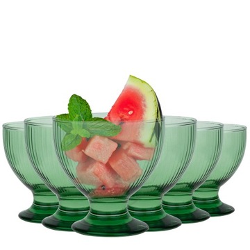 PUCHARKI Do Lodów Deserów W PRĄŻKI Szklane Zielone Duże 6x500ml Polskie