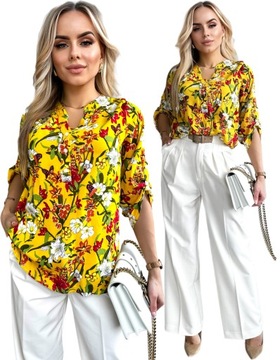 BLUZKA DAMSKA koszula luźna elegancka print dekolt guziki