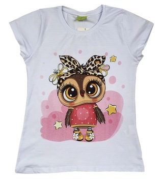 BLUZKA t-shirt nadruk SOWA biała 122 CK84