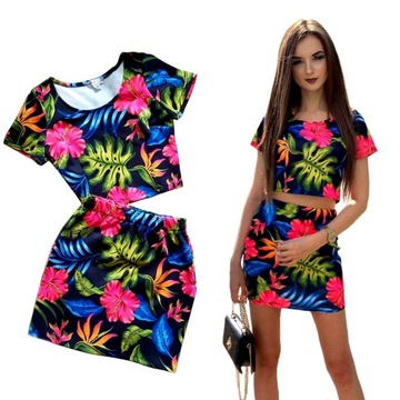 CZARNY KOMPLET ZESTAW BLUZKA Top + SPÓDNICZKA MIDI przed kolana KOLORY XS/S