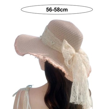 Women Straw Hat Lace Bow Faux Pearl Decor Beach Sun Hat Wide