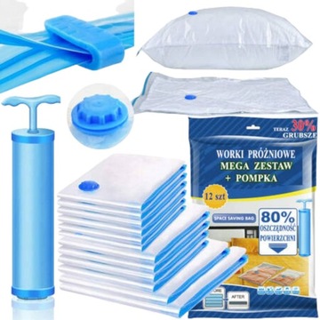 ВАКУУМНЫЕ ПАКЕТЫ ДЛЯ ОДЕЖДЫ ПОСТЕЛЬНЫЕ ПРИНАДЛЕЖНОСТИ ВАКУУМНЫЙ ПАКЕТ 4 РАЗМЕРА 12 ШТ + НАСОС
