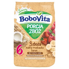 BoboVita Porcja Zbóż Kaszka mleczna 3 zboża malina-truskawka-banan po 6 mie