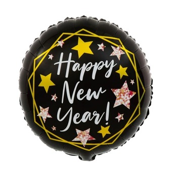 Balon foliowy okrągły czarny napis Happy New Year Sylwestrowy Bal Sylwester