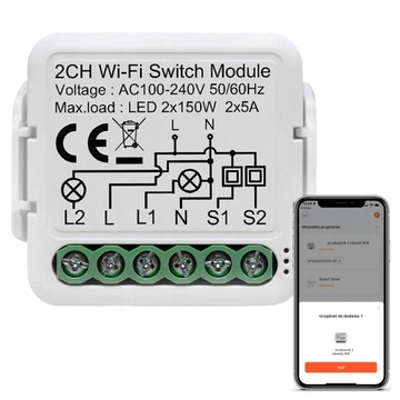 Przekaźnik Dopuszkowy Włącznik WiFi 2CH TUYA