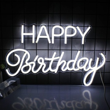 Neon Happy Birthday do dekoracji ścian zasilany USB biały