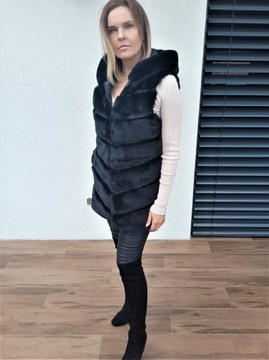 Длинный меховой жилет с капюшоном, Мех L/XL