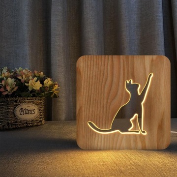 LAMPKA NOCNA 3D LED DREWNIANA KOT ŁAPA PREZENT