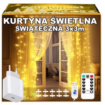 KURTYNA ŚWIETLNA LED 3x3 CIEPŁE Z KOSTKĄ PILOT PROGRAM 8 TRYBÓW Z PAMIĘCIĄ