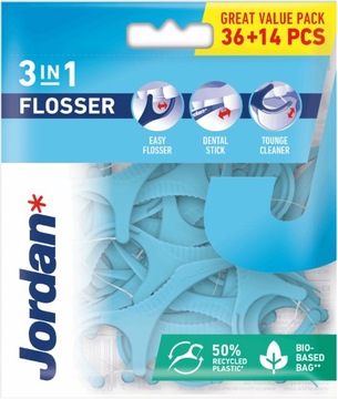JORDAN FLOSSER 3W1 WYKAŁACZKI Z NICIĄ DENTYSTYCZNĄ CZYŚCIK DO JĘZYKA 50SZT