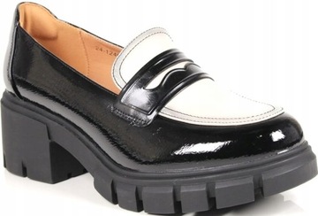 PÓŁBUTY DAMSKIE MOKASYNY PLATFORMA GRUBA PODESZWA LORDSY CZARNE POTOCKI