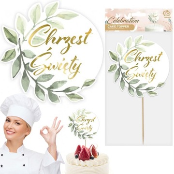 DUŻY TOPPER NA TORT CHRZEST ŚWIĘTY ZŁOTY Z LISTKAMI KWIATY OZDOBA DEKORACJA