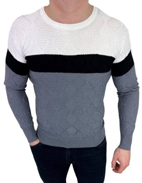 Szaro-bialy sweter meski w paski HHL8039 - XXL