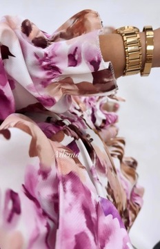 Sukienka lato wzory lekka zwiewna 6333 mini kwiaty marszczenie długi rękaw