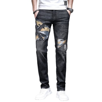 Men Black Jeans Slim Fit Stretch Patchwork Camoufl