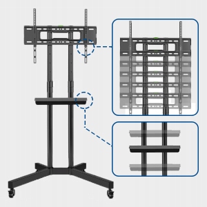 ПОДСТАВКА ДЛЯ ТЕЛЕВИЗОРА С ПОЛКОЙ 32–70 ДЮЙМОВ 50 КГ НА КОЛЕСАХ PREMIUM STRONG VESA 600