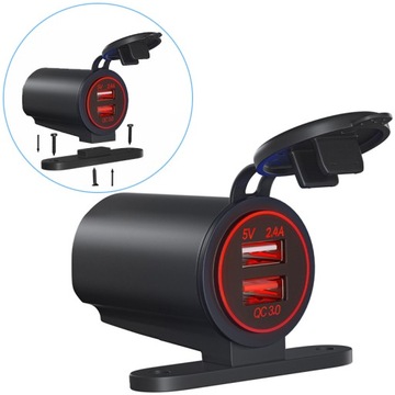 ЗАРЯДНОЕ УСТРОЙСТВО ДЛЯ МОТОЦИКЛА + КНОПКА + 2xUSB КРАСНЫЙ СВЕТ