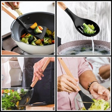 ZESTAW PRZYBORÓW KUCHENNYCH PRZYBORY KUCHENNE SILIKONOWE DREWNIANE 12 EL