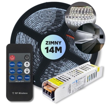 ZESTAW 14m Taśma pasek listwa LED SMD biały zimny zasilacz + pilot 12V