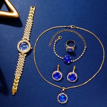 Damski niebieski zegarek pierścionek naszyjnik kolczyki zestaw bransoletek