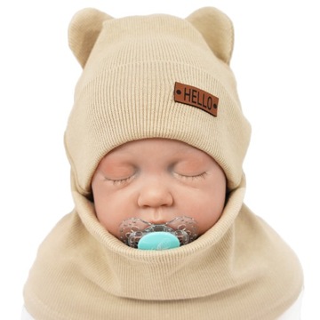 Beżowy KOMPLET Bear czapka + komin 36-38 HELLO