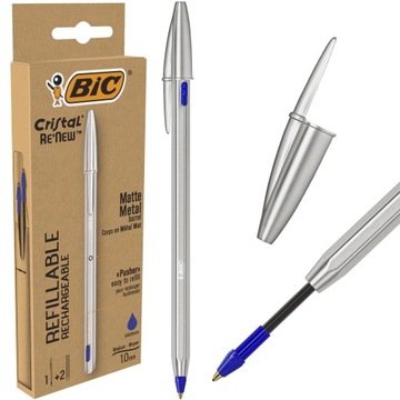 BIC CRISTAL RE'NEW DŁUGOPIS METALOWY NIEBIESKI WYTRZYMAŁY + 2 WKŁADY