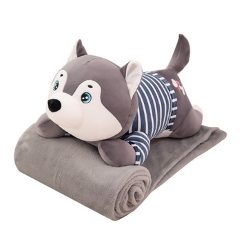MASKOTKA PODUSZKA MASKOTKA POPIELATY PIES HUSKY Z KOCEM 3w1