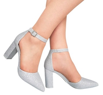 SREBRNE Brokatowe Buty Czółenka Słupek 8 Cm Paseczek Klamerka 40