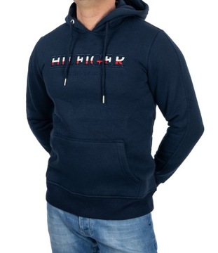 BLUZA TOMMY HILFIGER MĘSKA DUŻE KOLOROWE LOGO GRANATOWA Z KAPTUREM S