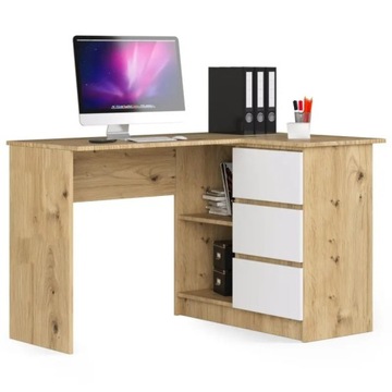 Biurko narożne dąb artisan białe 124 cm 3 szuflady
