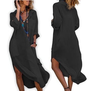 KOSZULA BOHO LETNIA SUKIENKA PAREO NARZUTKA DŁUGA PLAŻOWA na plażę BLACK