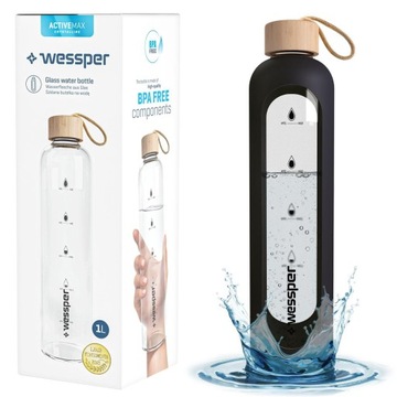 Butelka Szklana Bidon Motywacyjny Wessper Activemax 1000ml + etui czarne