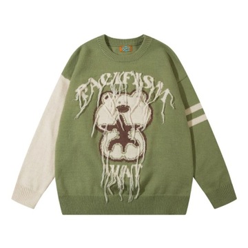 Men Cartoon Teddy Bear Sweater Color Block Harajuk