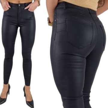 DAMSKIE - SPODNIE - MODELUJĄCE - WOSKOWANE - SKÓRA - BLACK - MATOWE Push-Up