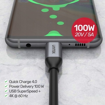 UNITEK KABEL USB C 10 Gbps 4K 60 Hz 20V 5A