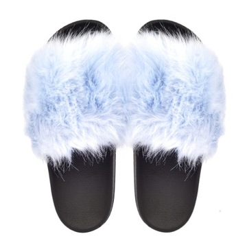 KLAPKI DAMSKIE BŁĘKITNE FUTERKO ŁAPCIE Z FUTERKIEM